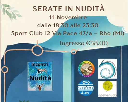Locandina Serate in nudità del 14 novembre allo Sport Club 12 di Rho, dalle 18:30 alle 23:30, ingresso 38 euro